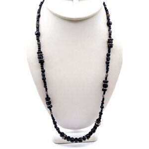 Black Glass Beaded Necklace with Silver Tone Spacer Beads, Vintage Chic